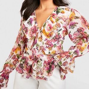 Boohoo Plus Floral Ruffle Front Dobby Mesh Blouse